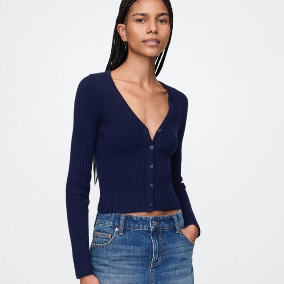 NEW XL Navy Blue GAP Plaited Rib Crop Cardigan Sweater Button Up - Picture 2 of 7